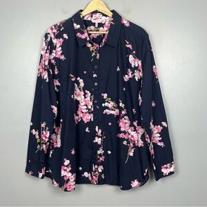 Joules Lucie navy & pink floral print long sleeve button front shirt, US 14.